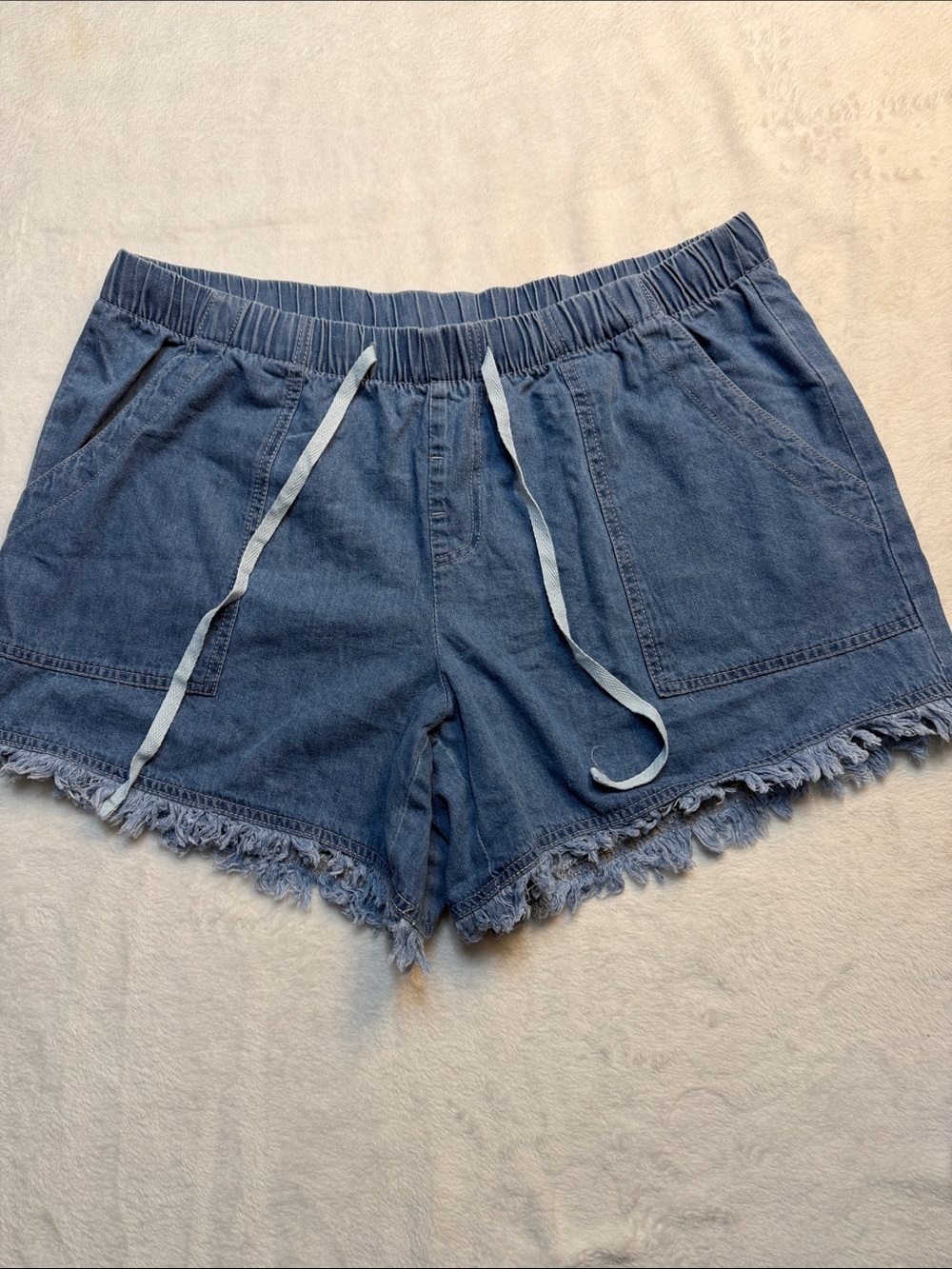 Denim Blue Frayed Hem Women's Drawstring Shorts